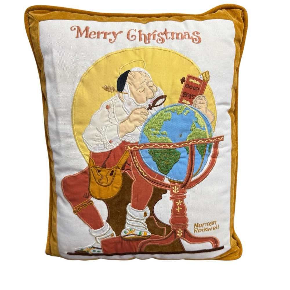 Vintage Balos 1980 Norman Rockwell Merry Christmas Embroidered Pillow 15x12.5